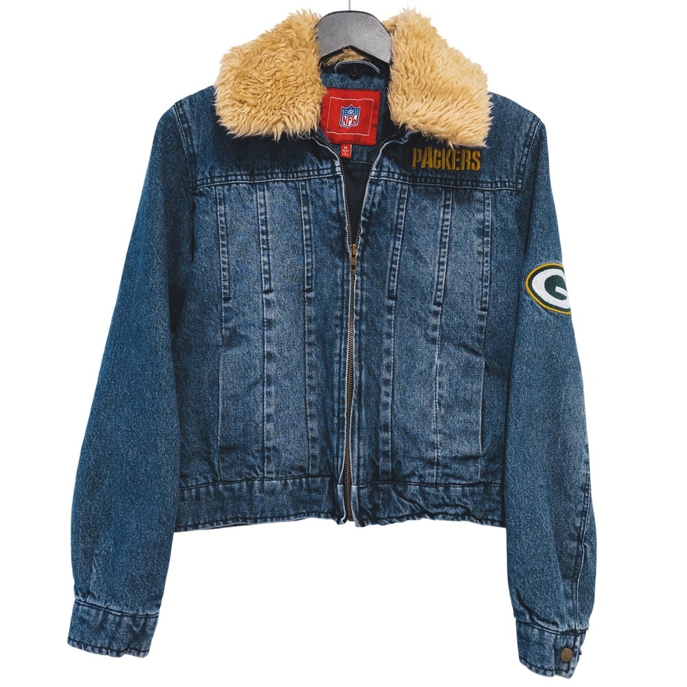 G-III NFL Denim Jacket Women M Blue Green Bay Packers Removable Faux Fur Trim